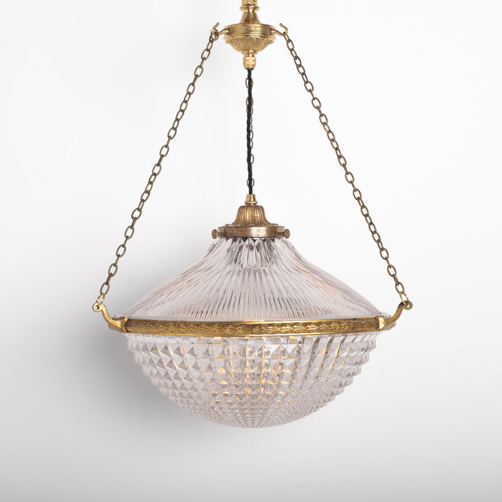 Extra Large Holophane Crystal Bowl Stiletto Pendant Light, Cast Brass Ring