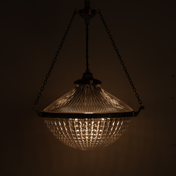 Extra Large Holophane Crystal Bowl Stiletto Pendant Light, Cast Brass Ring