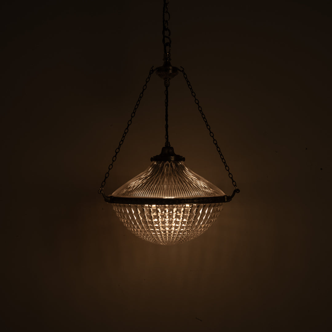 Extra Large Holophane Crystal Bowl Stiletto Pendant Light, Cast Brass Ring