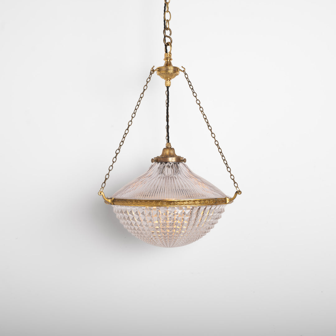Extra Large Holophane Crystal Bowl Stiletto Pendant Light, Cast Brass Ring