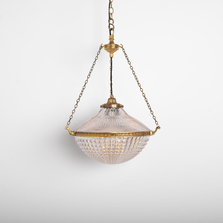Extra Large Holophane Crystal Bowl Stiletto Pendant Light, Cast Brass Ring