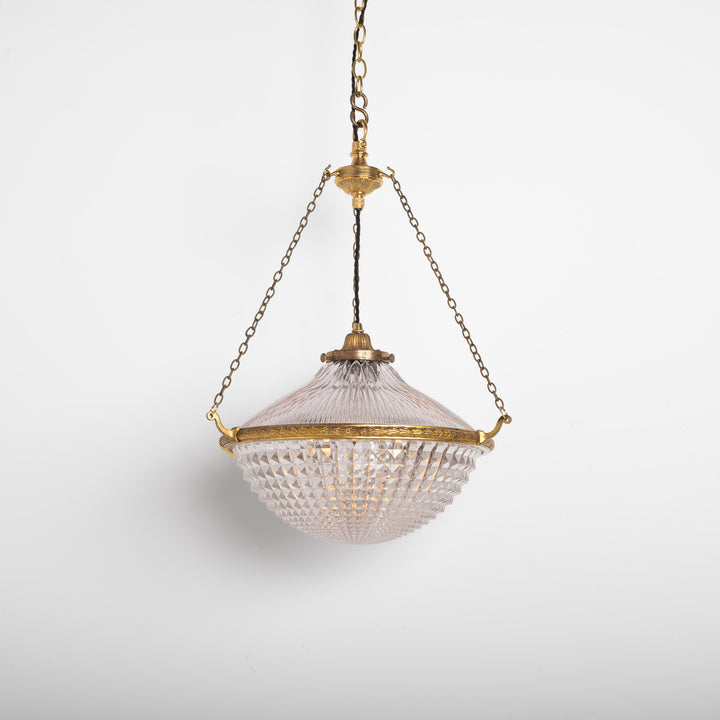 Extra Large Holophane Crystal Bowl Stiletto Pendant Light, Cast Brass Ring