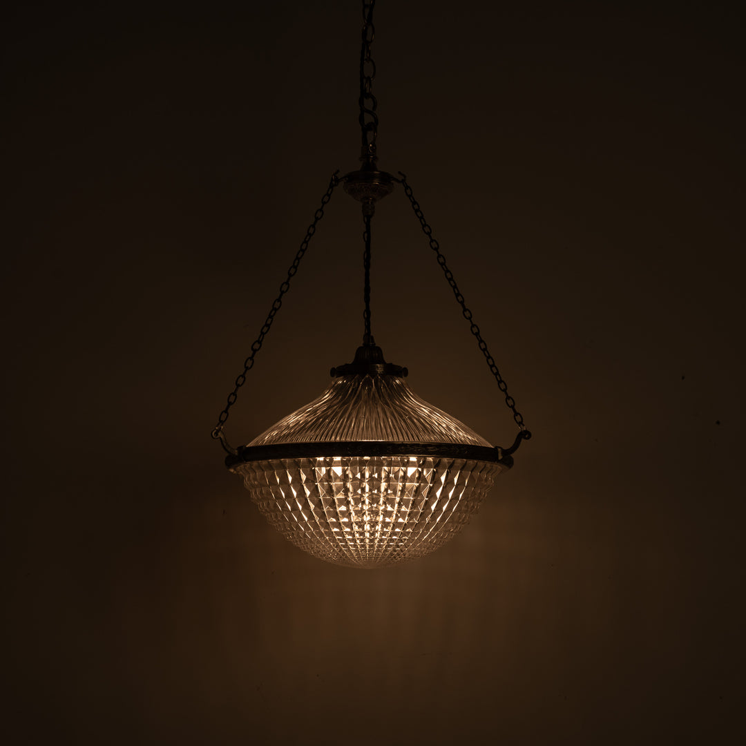 Extra Large Holophane Crystal Bowl Stiletto Pendant Light, Cast Brass Ring