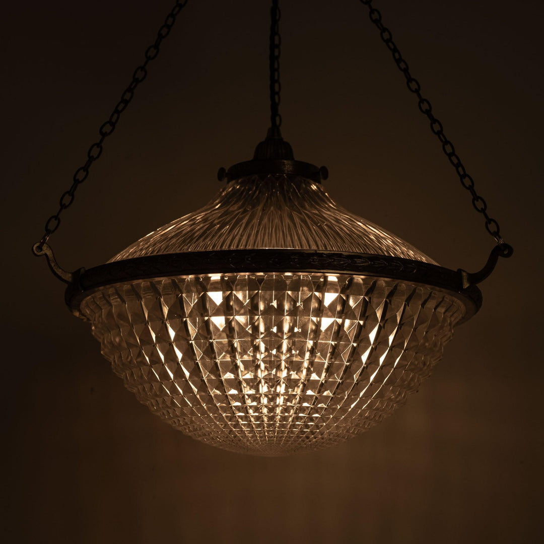 Extra Large Holophane Crystal Bowl Stiletto Pendant Light, Cast Brass Ring
