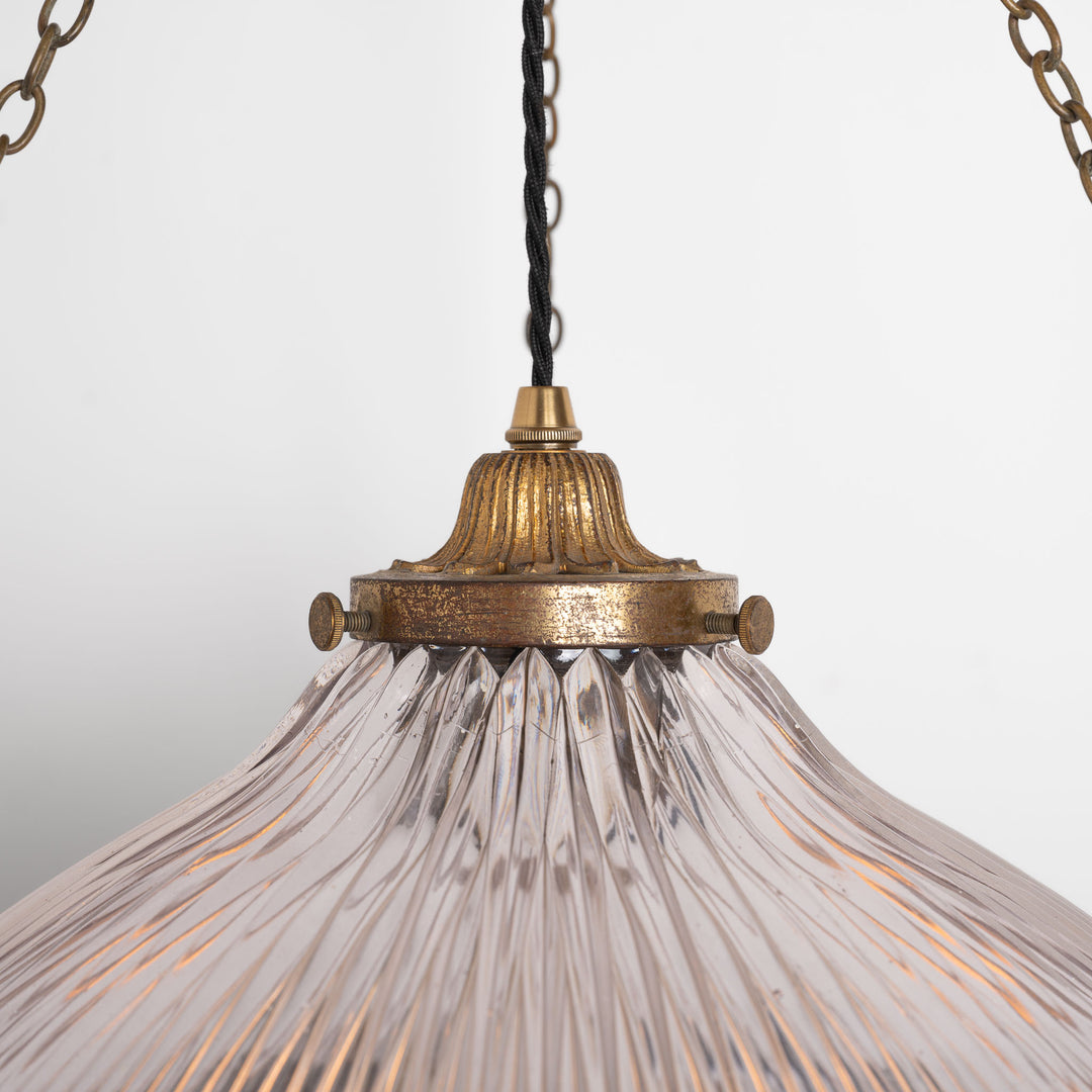 Extra Large Holophane Crystal Bowl Stiletto Pendant Light, Cast Brass Ring