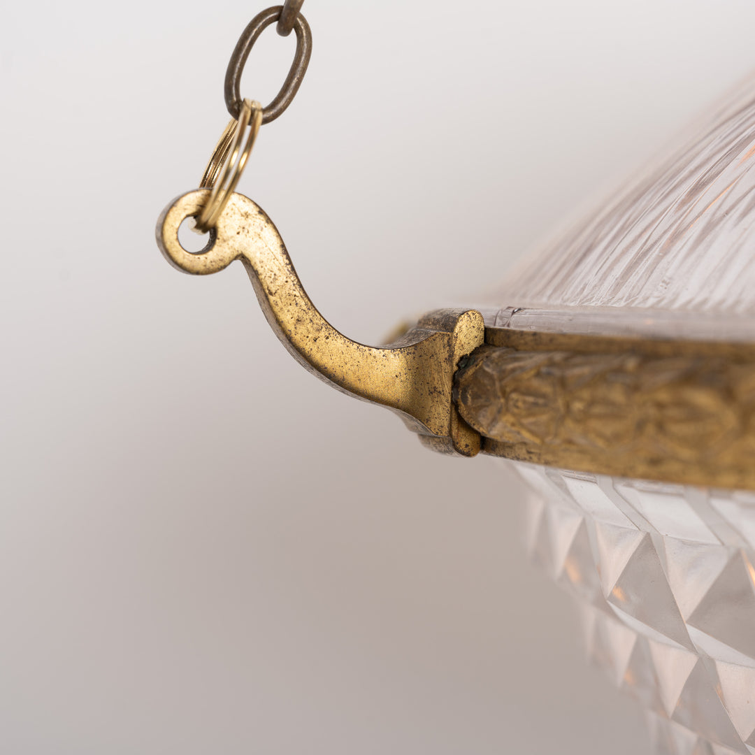 Extra Large Holophane Crystal Bowl Stiletto Pendant Light, Cast Brass Ring