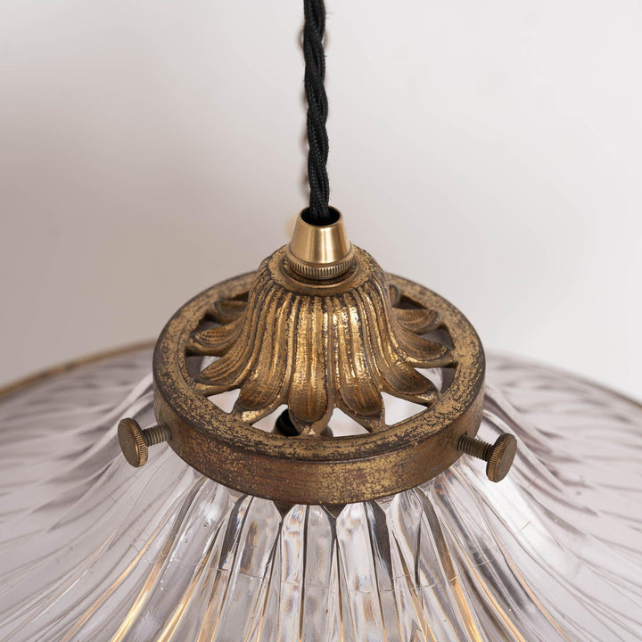 Extra Large Holophane Crystal Bowl Stiletto Pendant Light, Cast Brass Ring