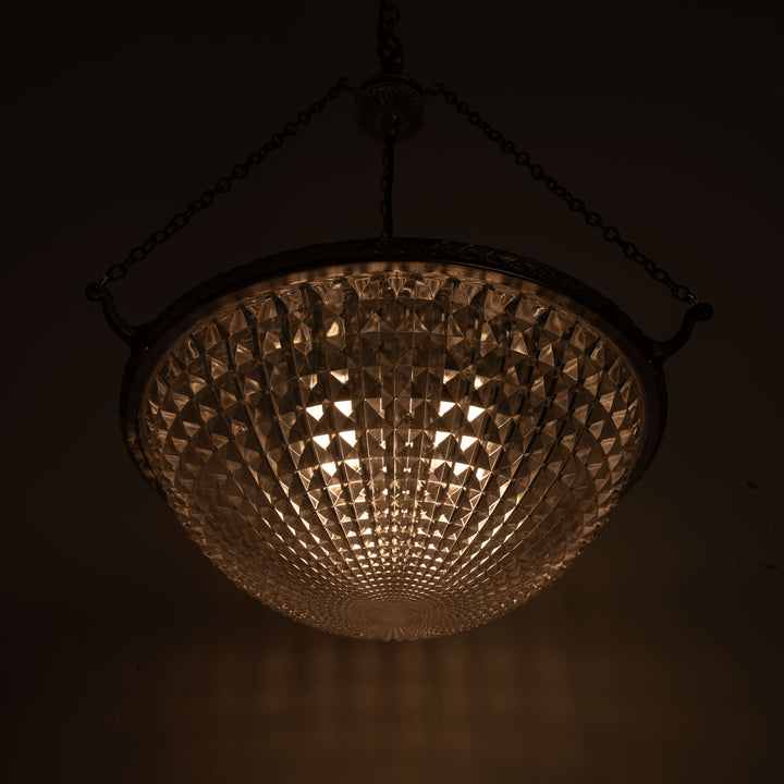 Extra Large Holophane Crystal Bowl Stiletto Pendant Light, Cast Brass Ring