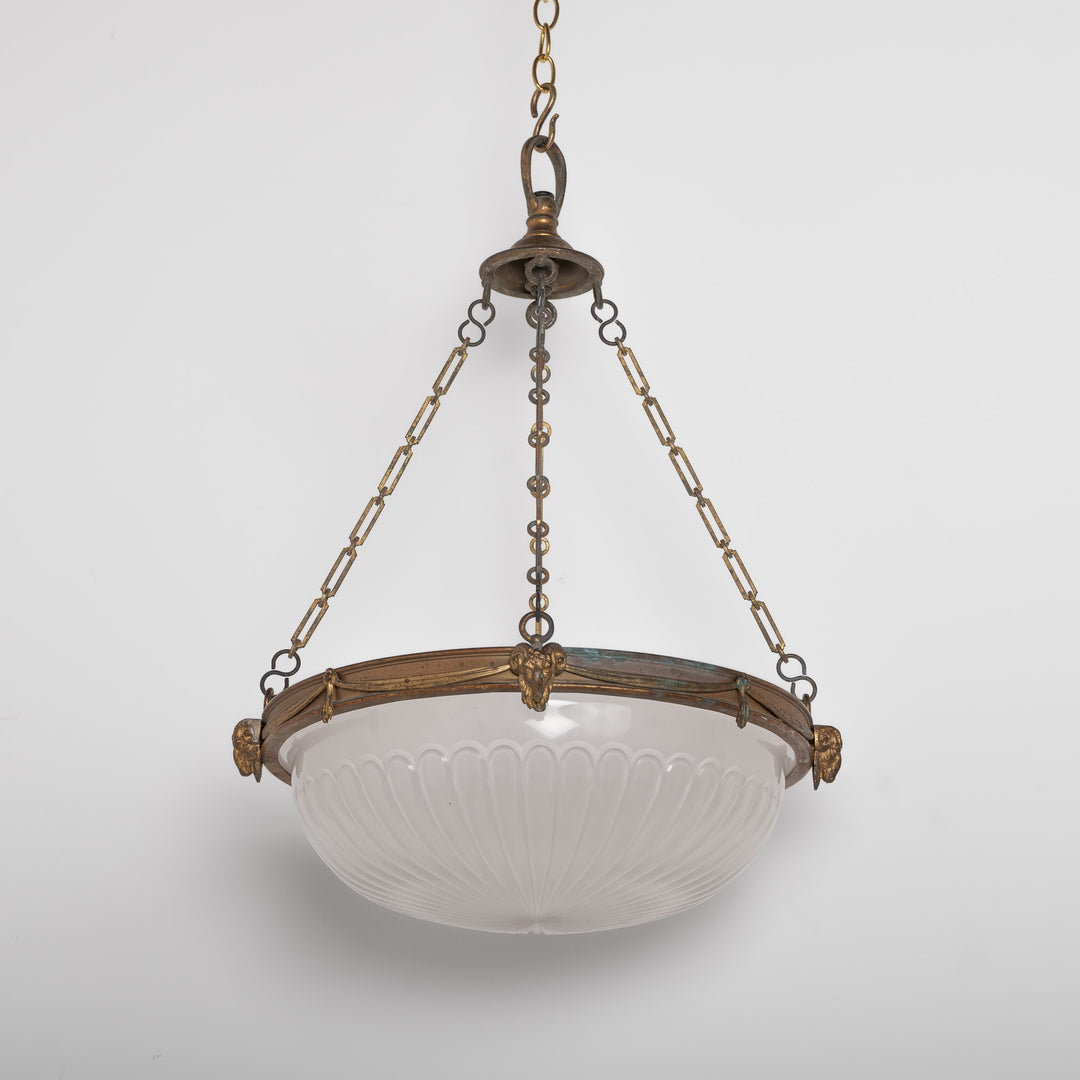 F. & C. Osler Extra Large Satin Cut Crystal Plafonnier with Ram's Head Cast Brass Gallery