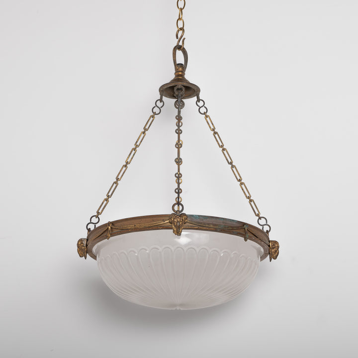 F. & C. Osler Extra Large Satin Cut Crystal Plafonnier with Ram's Head Cast Brass Gallery