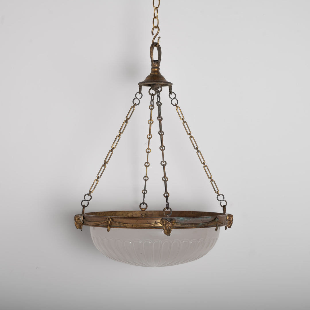 F. & C. Osler Extra Large Satin Cut Crystal Plafonnier with Ram's Head Cast Brass Gallery