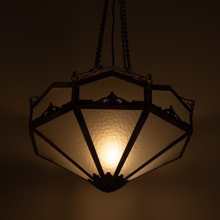 Edwardian Octagonal Leaded Glass Pendant with Nickel Plated Brass Frame and Cast Acanthus Mounts