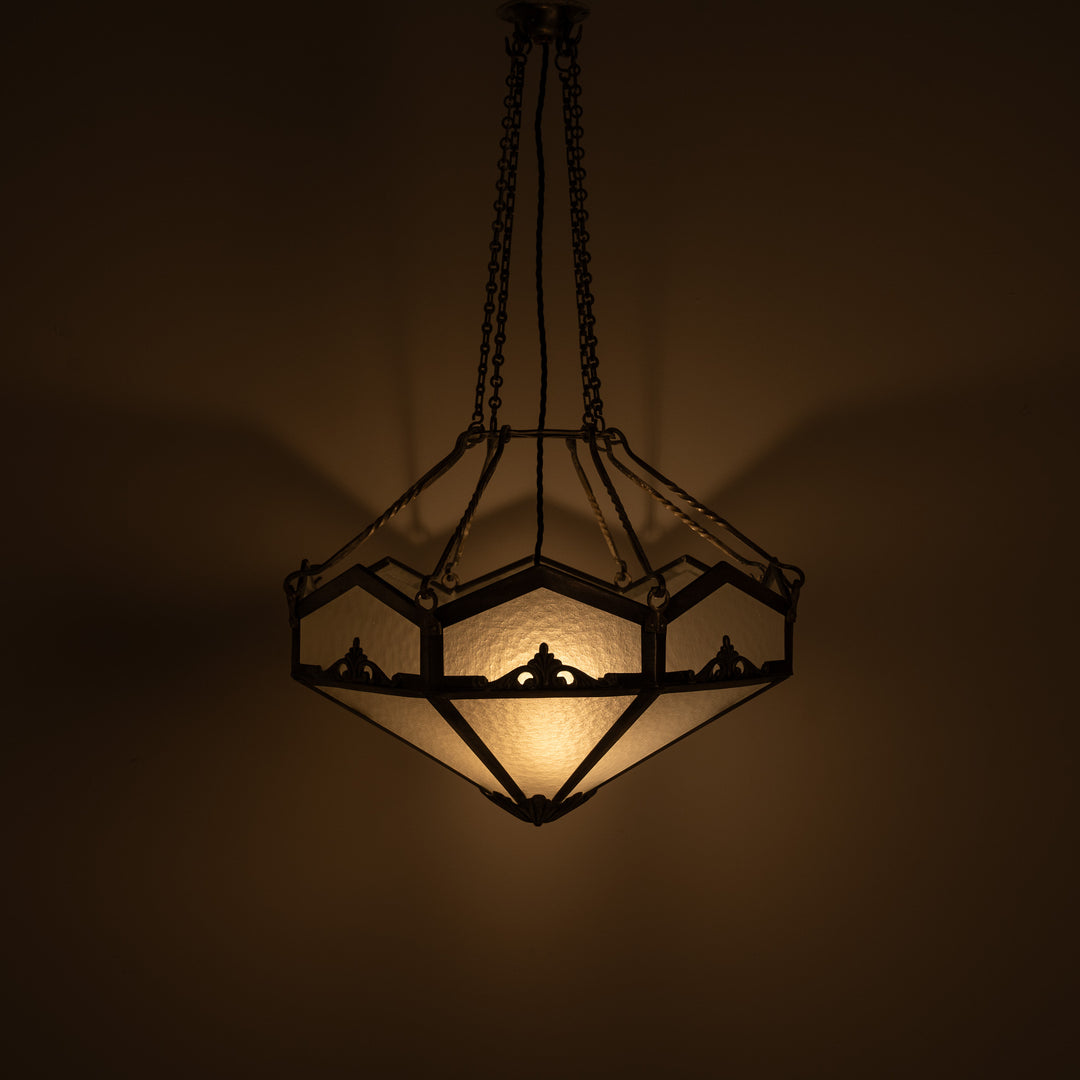 Edwardian Octagonal Leaded Glass Pendant with Nickel Plated Brass Frame and Cast Acanthus Mounts