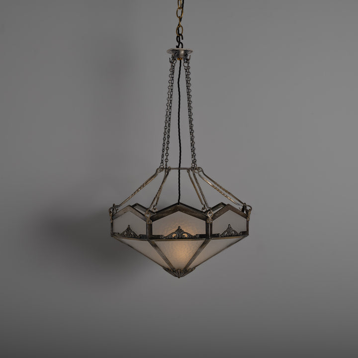 Edwardian Octagonal Leaded Glass Pendant with Nickel Plated Brass Frame and Cast Acanthus Mounts