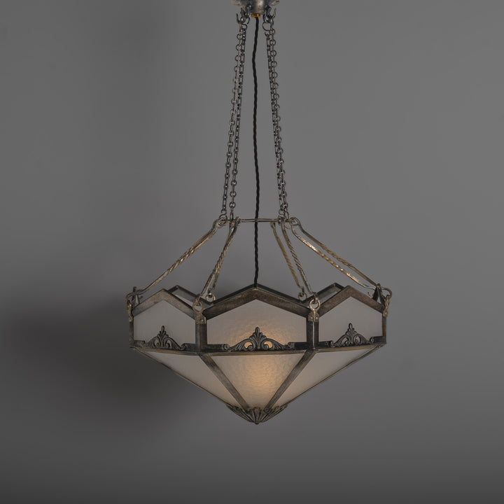 Edwardian Octagonal Leaded Glass Pendant with Nickel Plated Brass Frame and Cast Acanthus Mounts