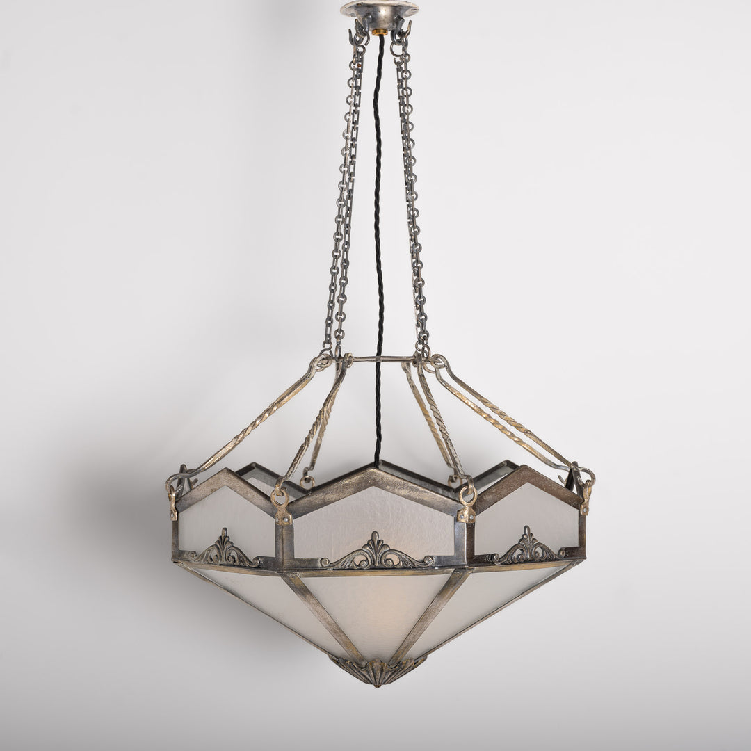 Edwardian Octagonal Leaded Glass Pendant with Nickel Plated Brass Frame and Cast Acanthus Mounts