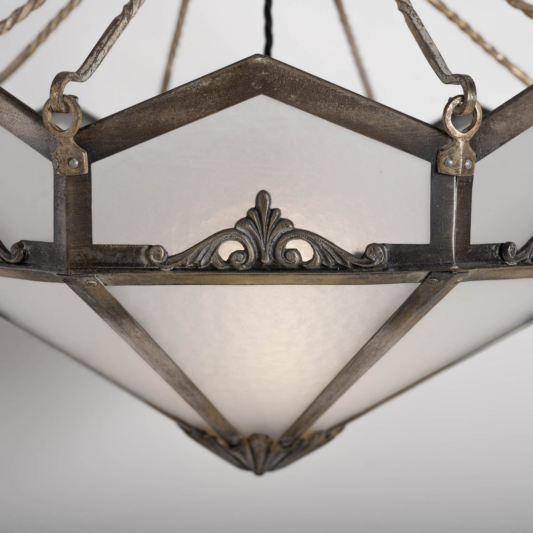 Edwardian Octagonal Leaded Glass Pendant with Nickel Plated Brass Frame and Cast Acanthus Mounts