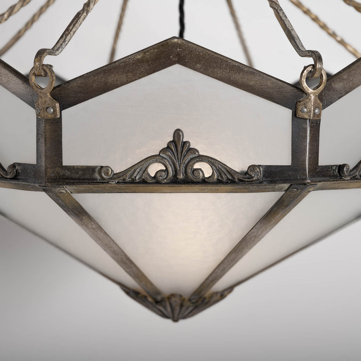 Edwardian Octagonal Leaded Glass Pendant with Nickel Plated Brass Frame and Cast Acanthus Mounts