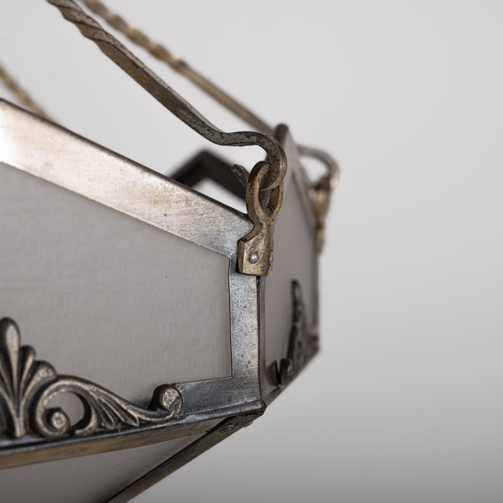 Edwardian Octagonal Leaded Glass Pendant with Nickel Plated Brass Frame and Cast Acanthus Mounts
