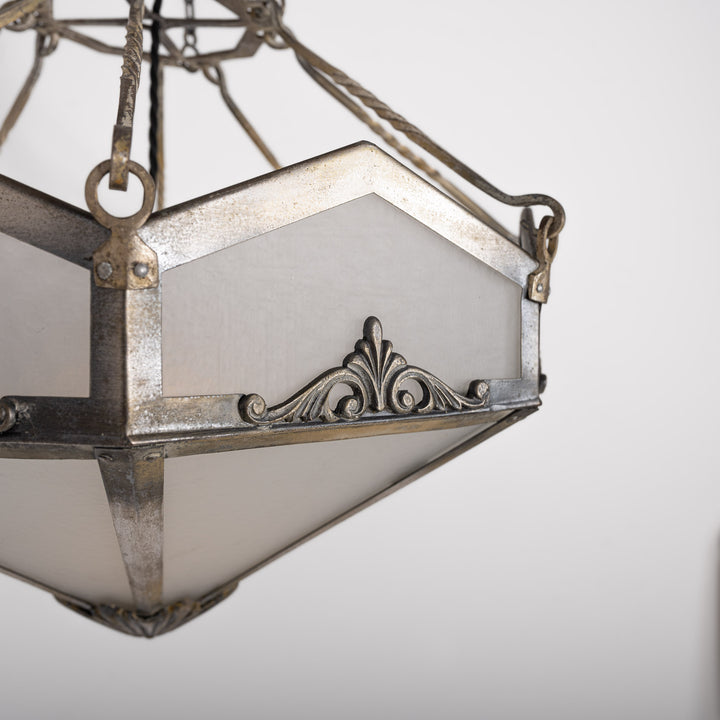 Edwardian Octagonal Leaded Glass Pendant with Nickel Plated Brass Frame and Cast Acanthus Mounts
