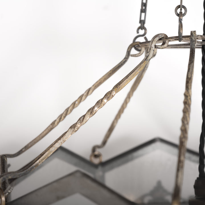 Edwardian Octagonal Leaded Glass Pendant with Nickel Plated Brass Frame and Cast Acanthus Mounts