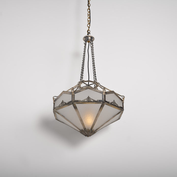Edwardian Octagonal Leaded Glass Pendant with Nickel Plated Brass Frame and Cast Acanthus Mounts
