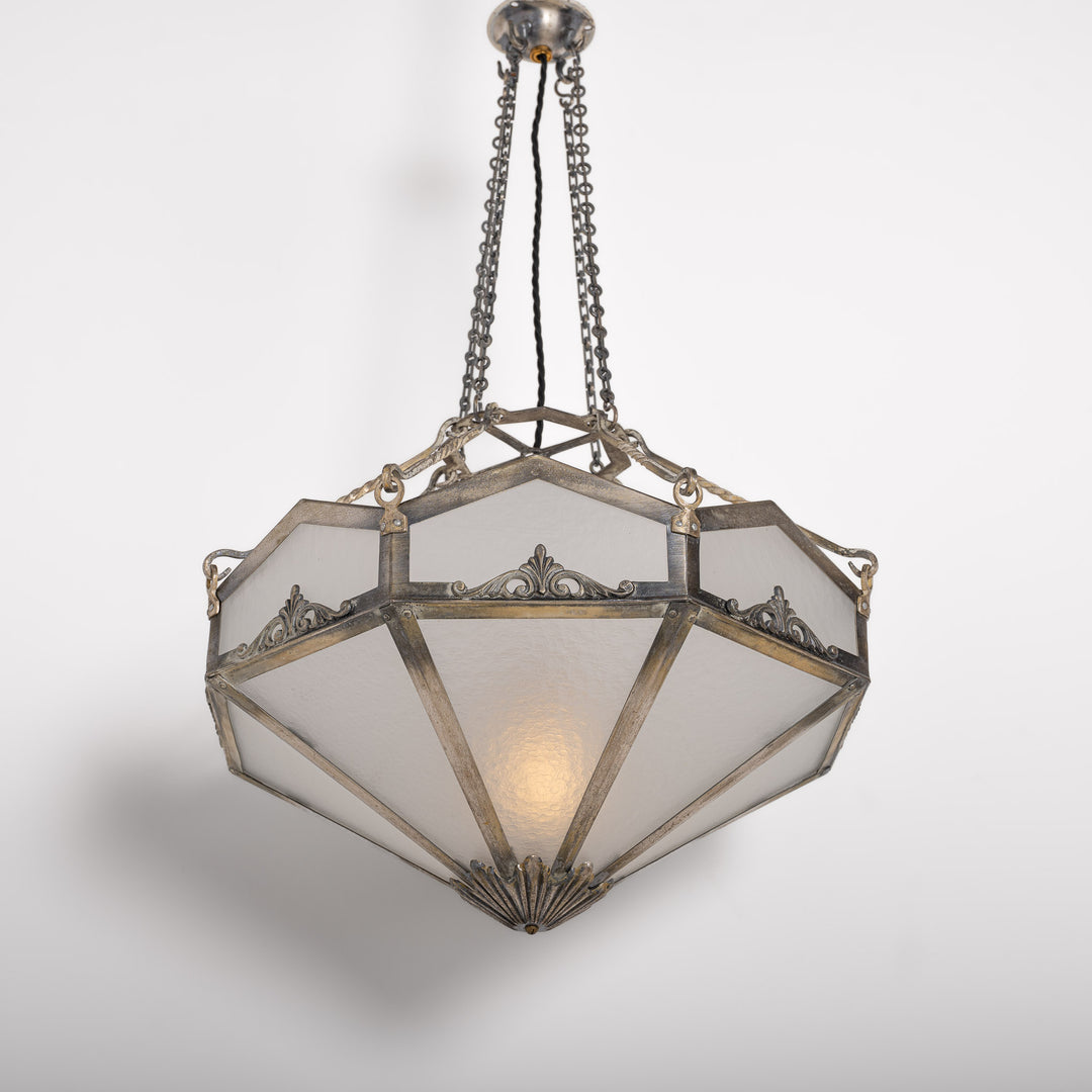 Edwardian Octagonal Leaded Glass Pendant with Nickel Plated Brass Frame and Cast Acanthus Mounts