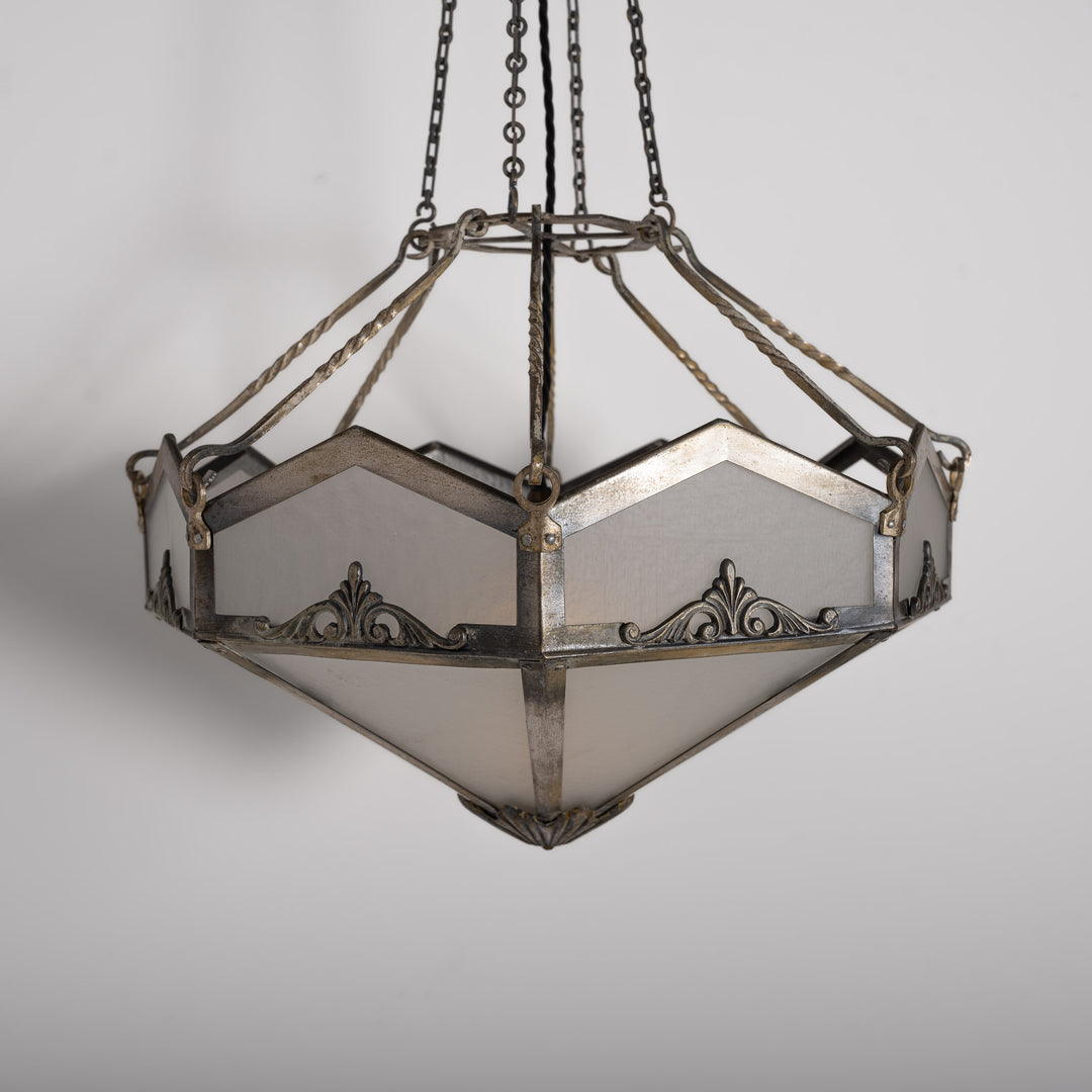Edwardian Octagonal Leaded Glass Pendant with Nickel Plated Brass Frame and Cast Acanthus Mounts