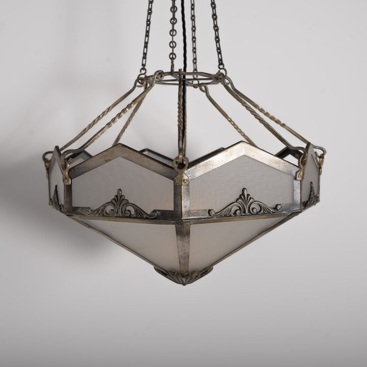 Edwardian Octagonal Leaded Glass Pendant with Nickel Plated Brass Frame and Cast Acanthus Mounts