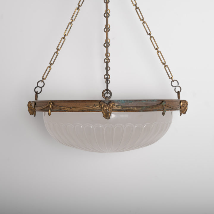 F. & C. Osler Extra Large Satin Cut Crystal Plafonnier with Ram's Head Cast Brass Gallery