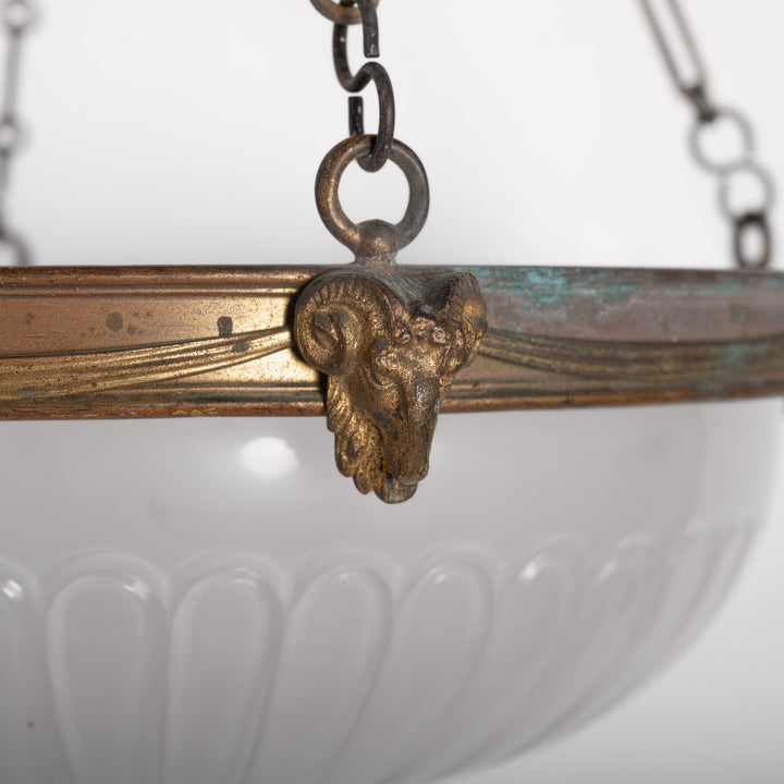 F. & C. Osler Extra Large Satin Cut Crystal Plafonnier with Ram's Head Cast Brass Gallery