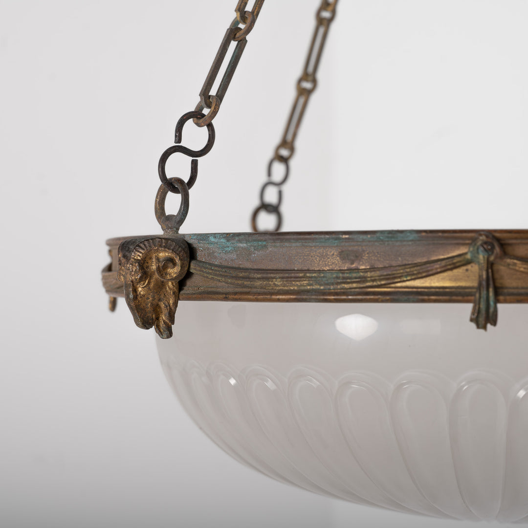 F. & C. Osler Extra Large Satin Cut Crystal Plafonnier with Ram's Head Cast Brass Gallery