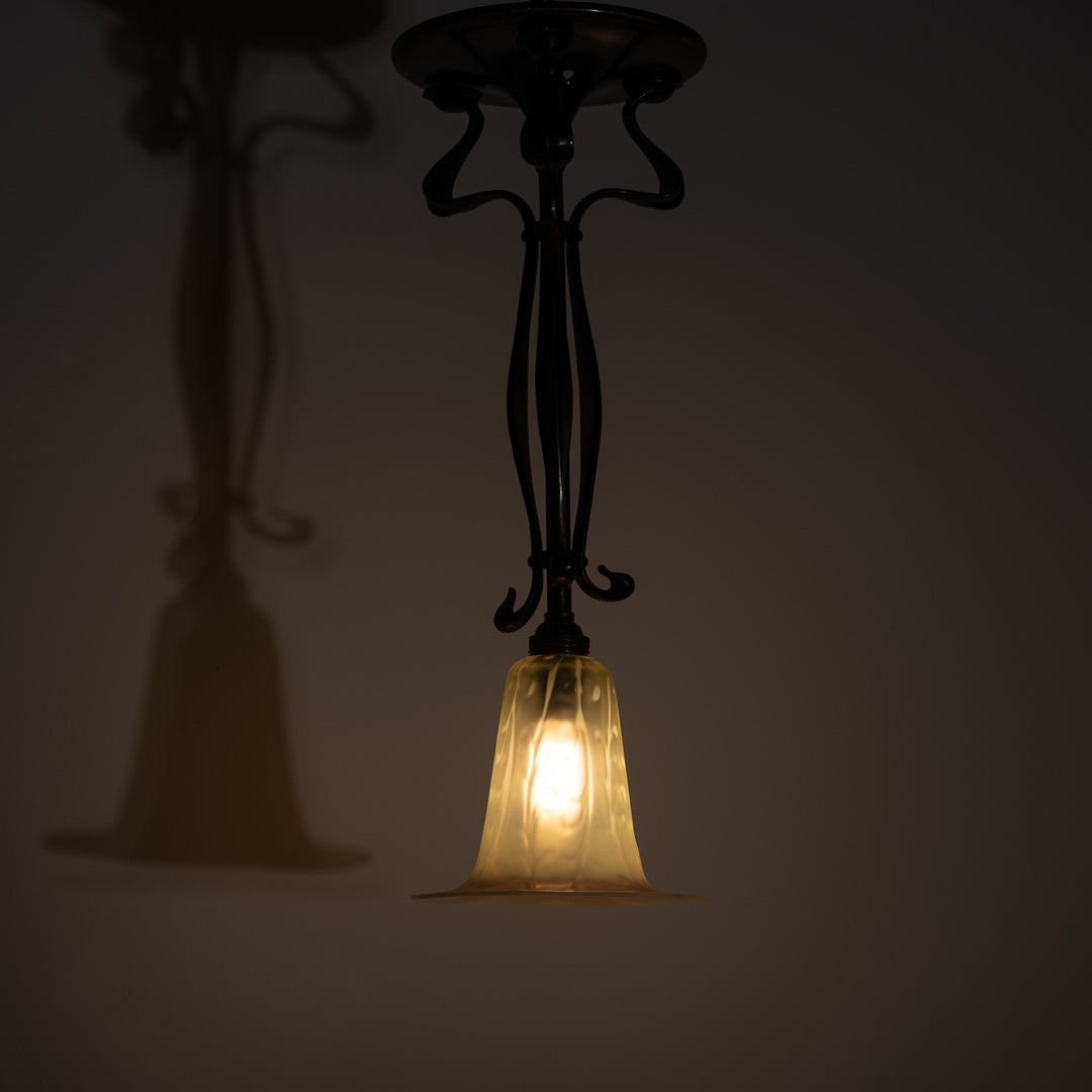 Antique Arts & Crafts Cast Copper Finish Lamp with Rare Straw Vaseline Bell Shade