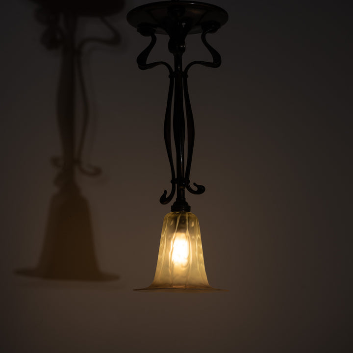 Antique Arts & Crafts Cast Copper Finish Lamp with Rare Straw Vaseline Bell Shade