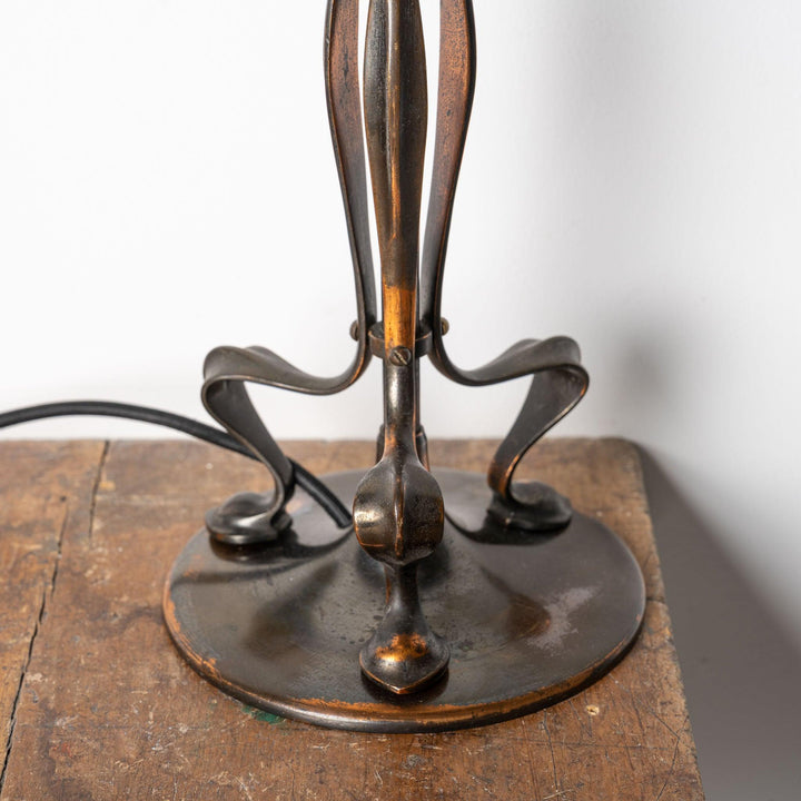 Antique Arts & Crafts Cast Copper Finish Lamp with Rare Straw Vaseline Bell Shade