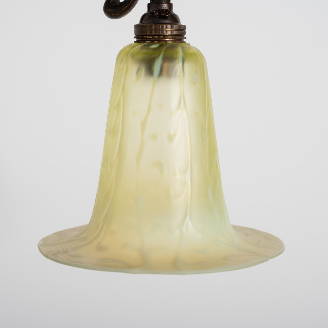 Antique Arts & Crafts Cast Copper Finish Lamp with Rare Straw Vaseline Bell Shade