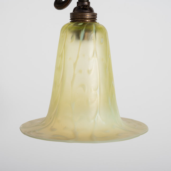 Antique Arts & Crafts Cast Copper Finish Lamp with Rare Straw Vaseline Bell Shade