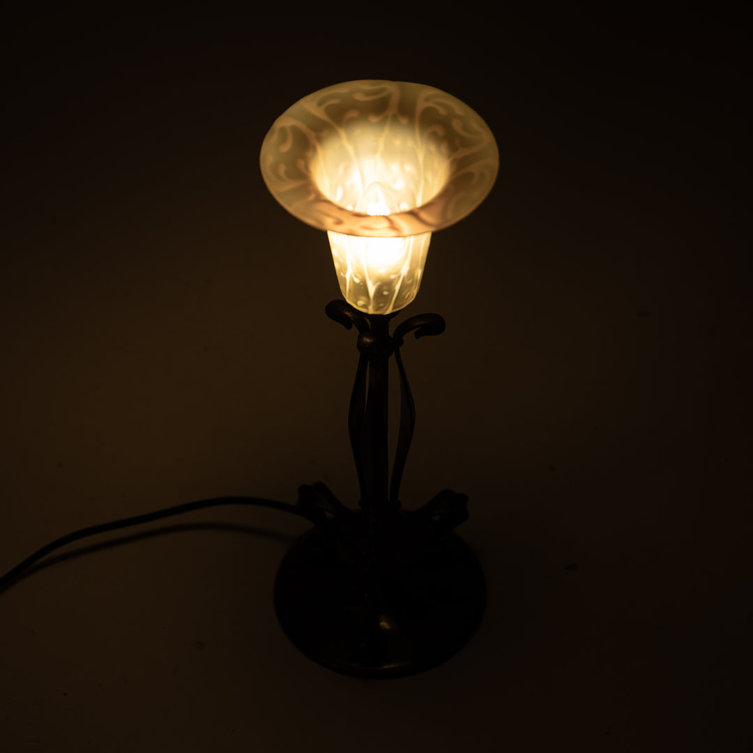 Antique Arts & Crafts Cast Copper Finish Lamp with Rare Straw Vaseline Bell Shade