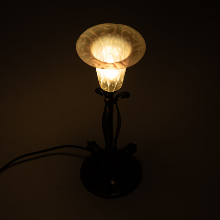 Antique Arts & Crafts Cast Copper Finish Lamp with Rare Straw Vaseline Bell Shade