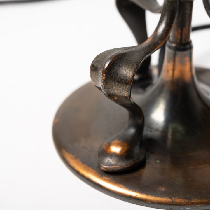 Antique Arts & Crafts Cast Copper Finish Lamp with Rare Straw Vaseline Bell Shade