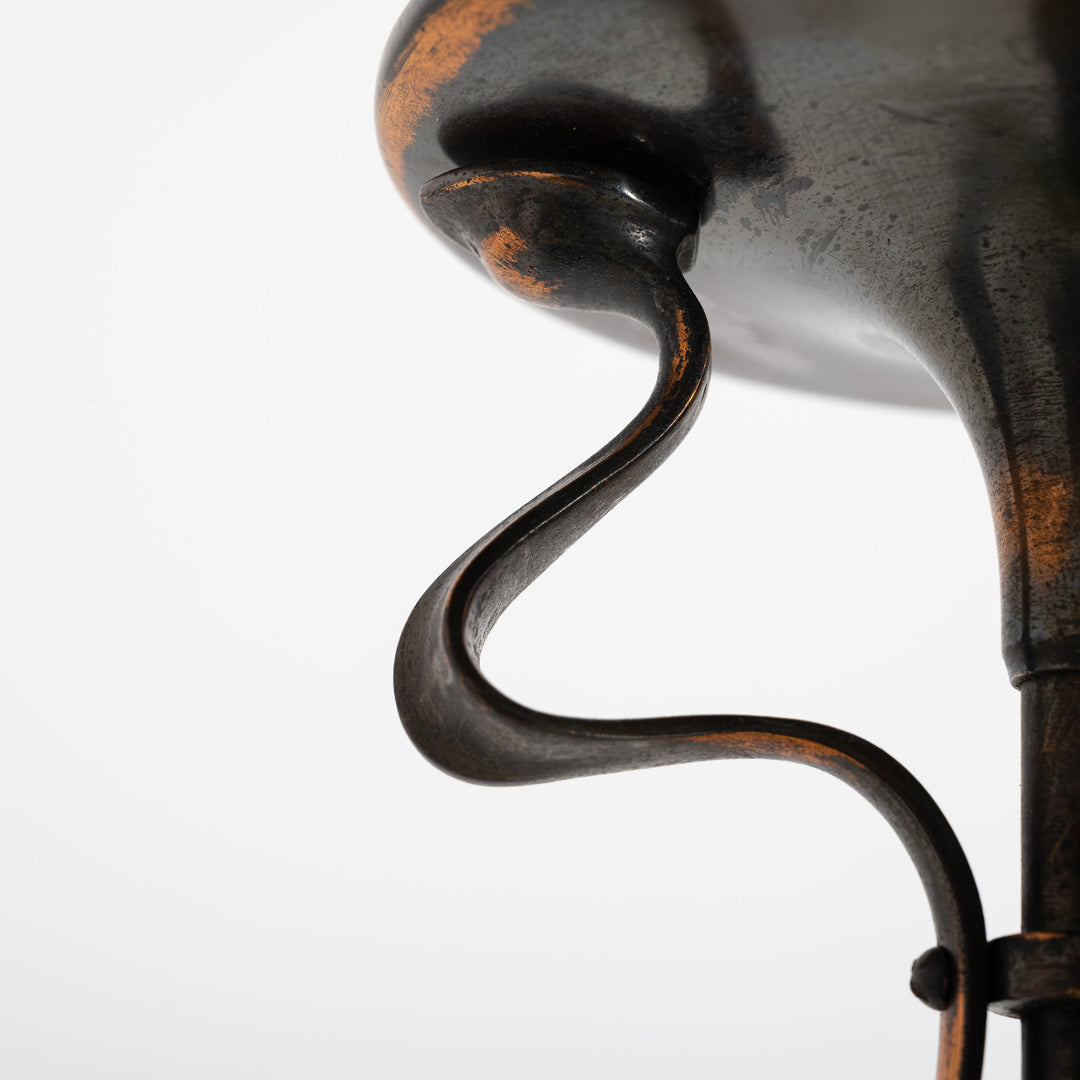 Antique Arts & Crafts Cast Copper Finish Lamp with Rare Straw Vaseline Bell Shade