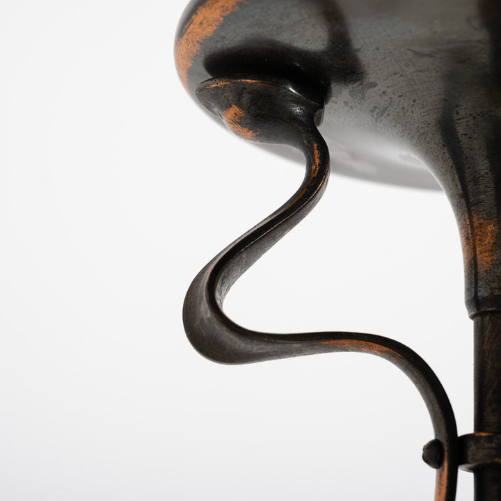 Antique Arts & Crafts Cast Copper Finish Lamp with Rare Straw Vaseline Bell Shade