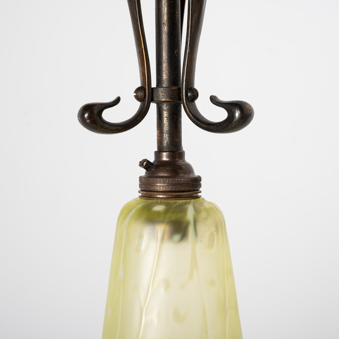 Antique Arts & Crafts Cast Copper Finish Lamp with Rare Straw Vaseline Bell Shade