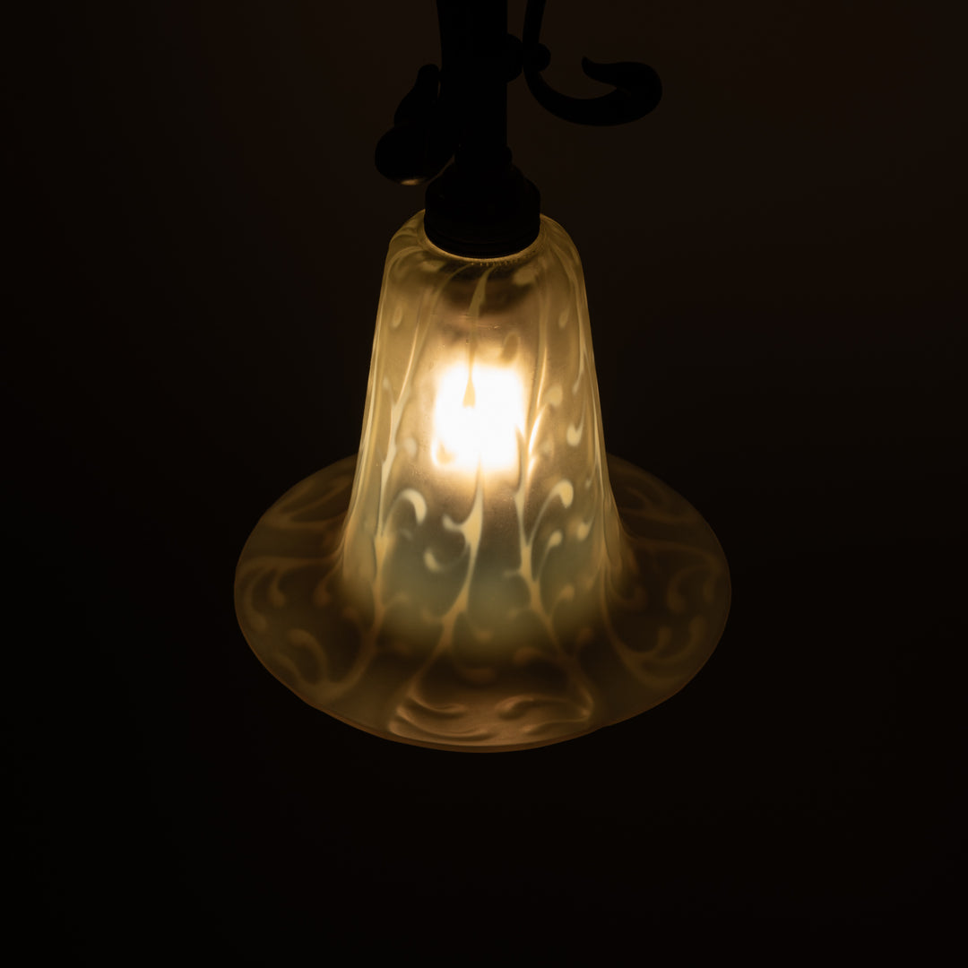 Antique Arts & Crafts Cast Copper Finish Lamp with Rare Straw Vaseline Bell Shade