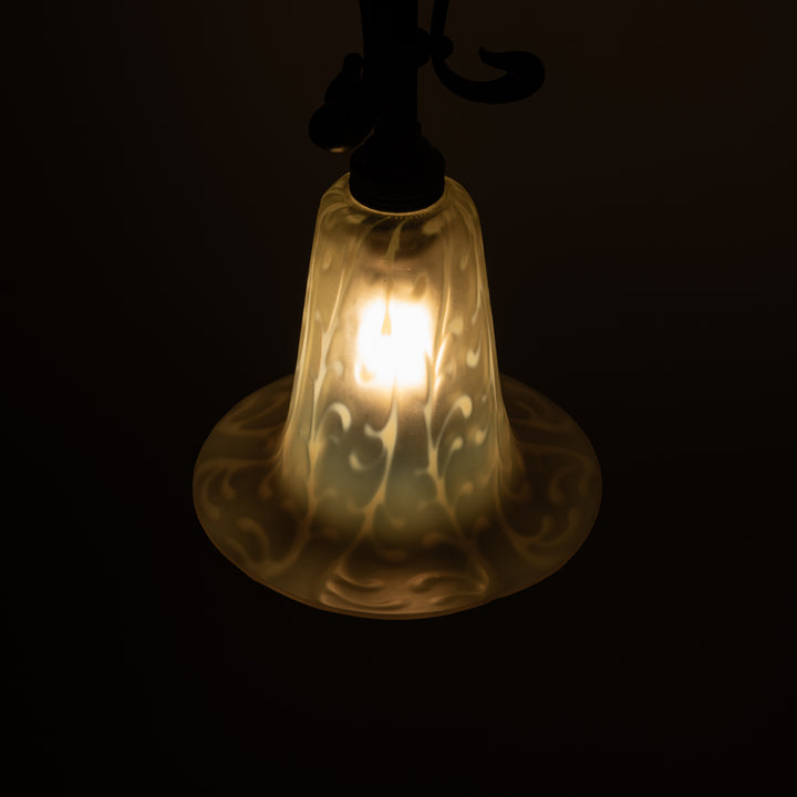 Antique Arts & Crafts Cast Copper Finish Lamp with Rare Straw Vaseline Bell Shade