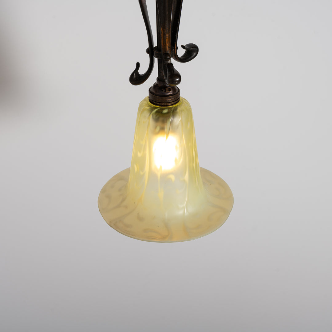 Antique Arts & Crafts Cast Copper Finish Lamp with Rare Straw Vaseline Bell Shade