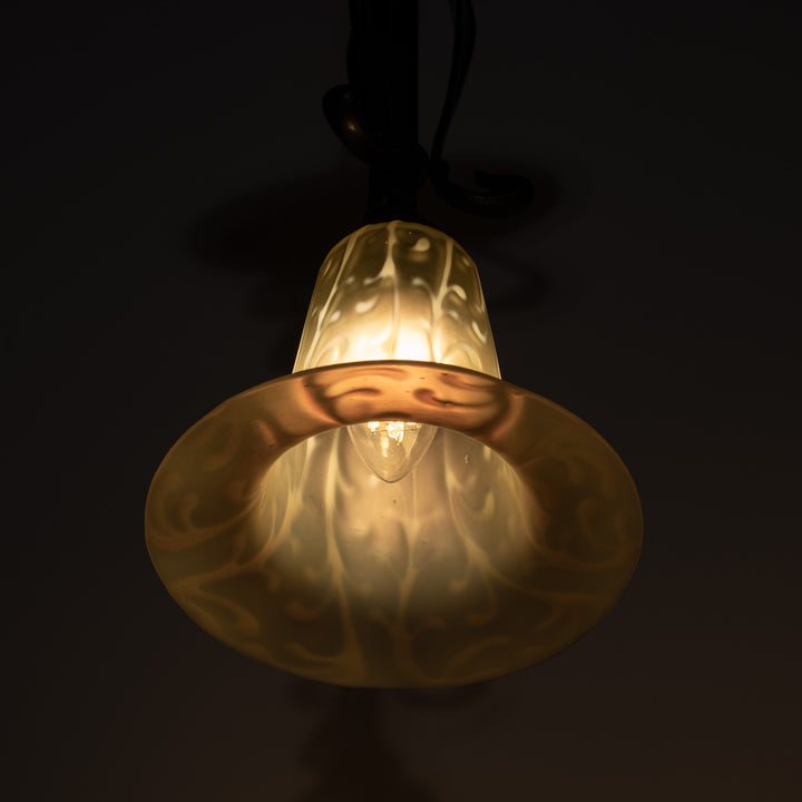 Antique Arts & Crafts Cast Copper Finish Lamp with Rare Straw Vaseline Bell Shade