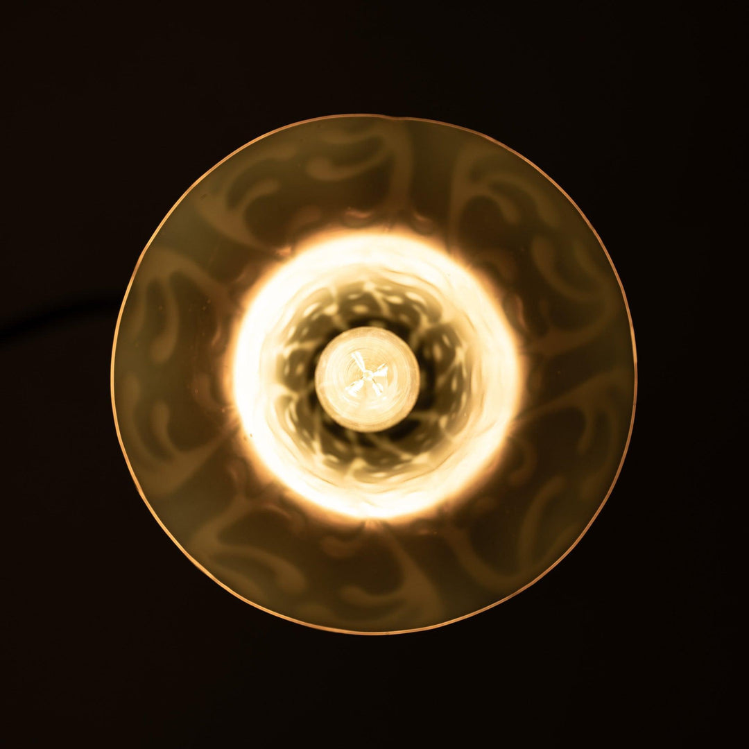 Antique Arts & Crafts Cast Copper Finish Lamp with Rare Straw Vaseline Bell Shade