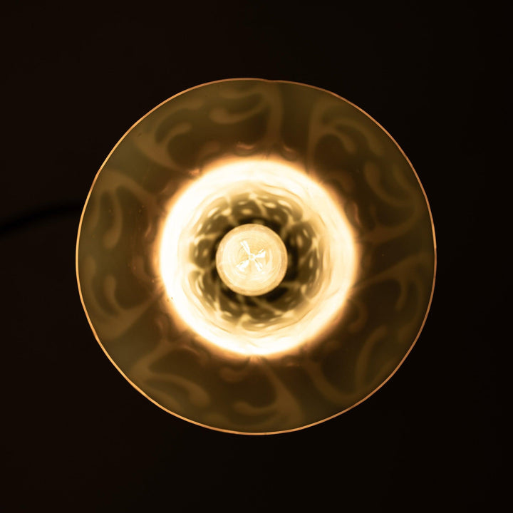 Antique Arts & Crafts Cast Copper Finish Lamp with Rare Straw Vaseline Bell Shade