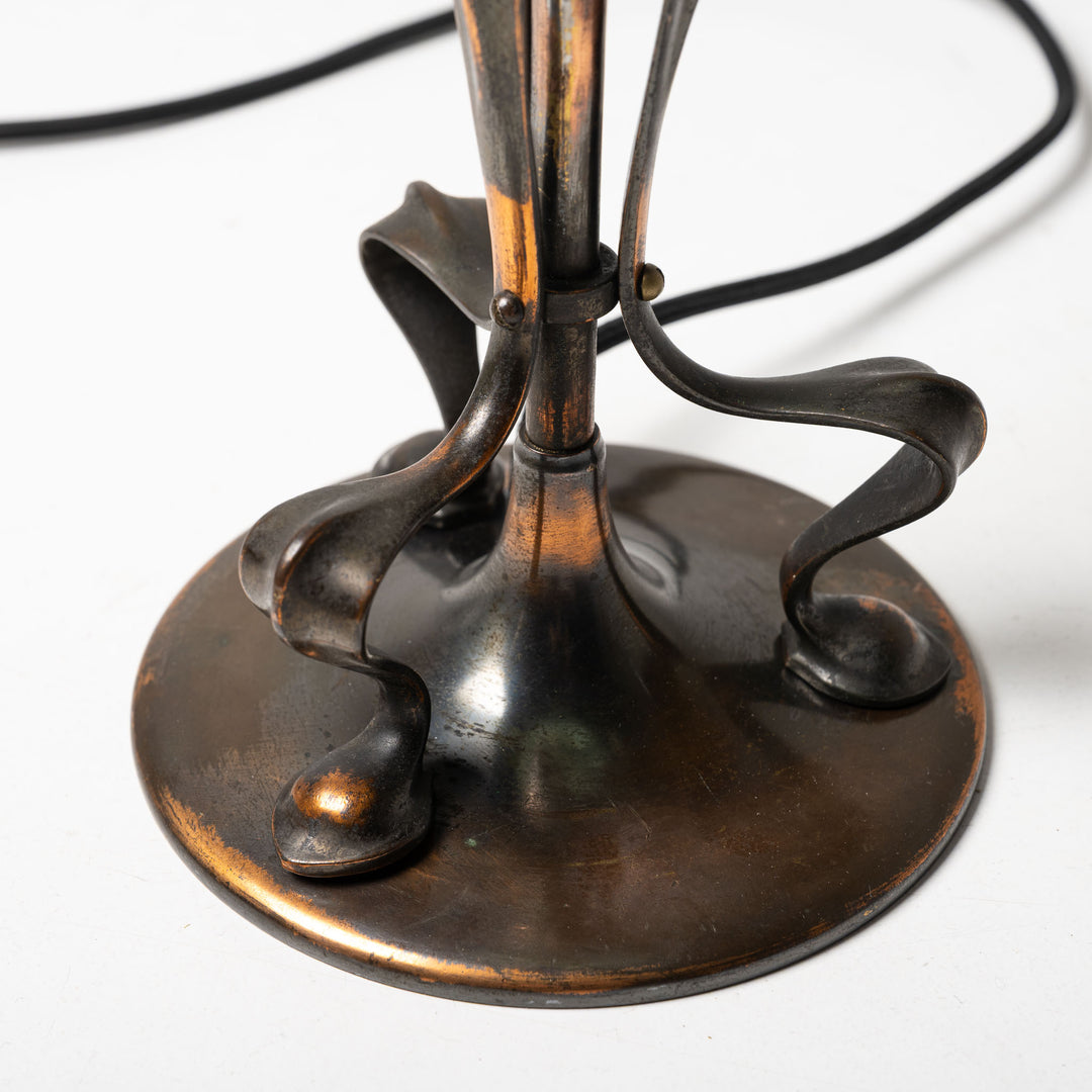 Antique Arts & Crafts Cast Copper Finish Lamp with Rare Straw Vaseline Bell Shade